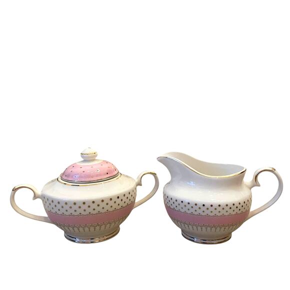 Grace Teaware Fine Porcelain Creamer & Sugar Bowl Pink White Gold Polka Dots New - Picture 4 of 16